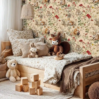 Woodland squirrel wallpaper with red mushrooms and wildflowers in cozy kids bedroom with wooden bed and teddy bears