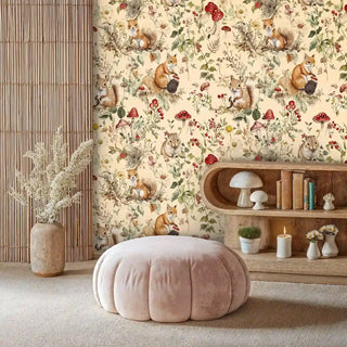 Woodland themed wallpaper with toadstools in modern nursery with bamboo screen and pink velvet ottoman
