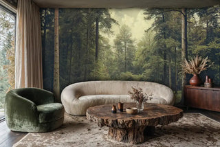 Woodland Wall Mural; tall trees and misty sky, living room with live-edge coffee table