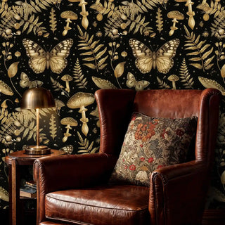 Woodland wallpaper with shimmering butterflies and mushrooms, shown in refined reading room with brass lamp